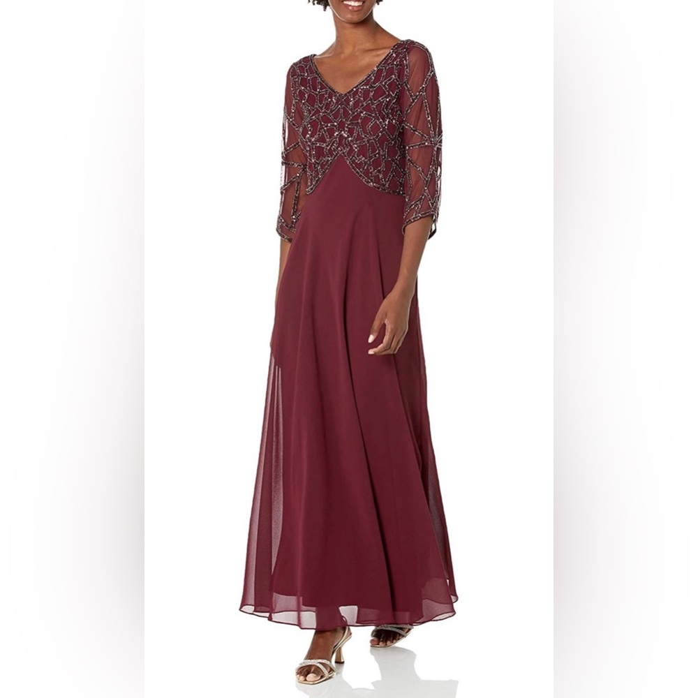 J Kara Women's 3/4 Sleeve Geo Beaded Gown 14P New